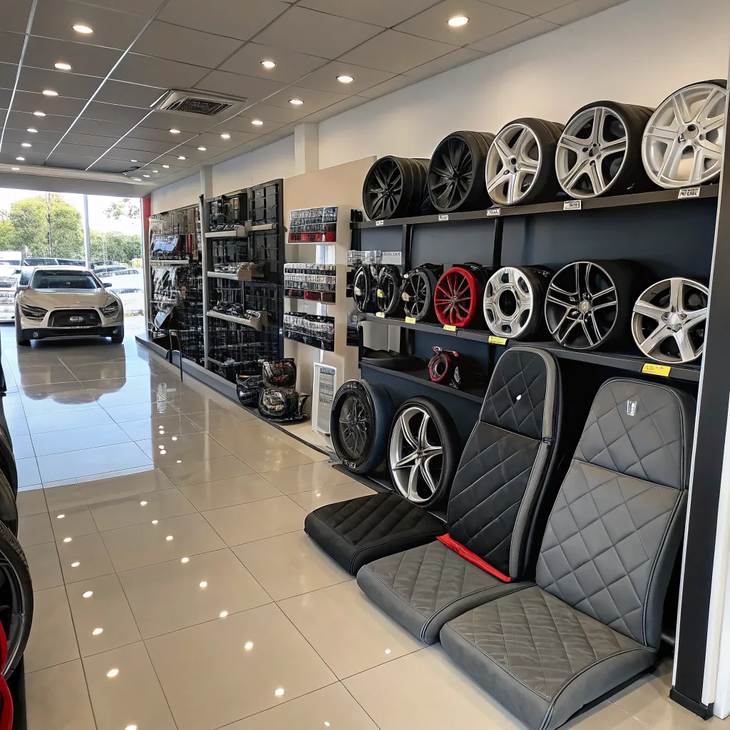 Interior view of a car accessories showroom